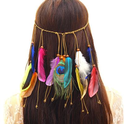 China Colorful Leather Elastic Braid Rope Headband Feather Feather Feather Hair Band Hanging Adjustable Headband Elastic for sale