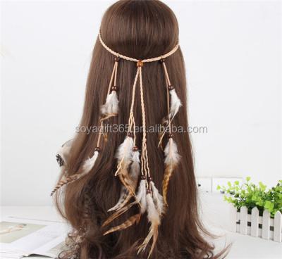 China Feather Headdress Hippie Multi Feather Headband Dangling Rope Knitted Elastic Indian Sash Headband Feather Hair Band for sale