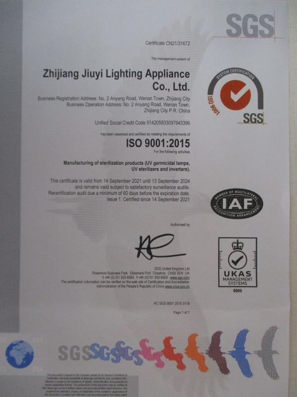 ISO9001 - Zhijiang Jiuyi Lighting Appliance Co., Ltd.