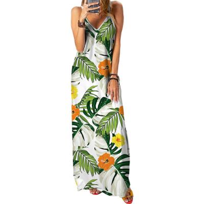 China V-Neck Ladies Rainforest Style Digital Print Tropical Beach Dress Breathable Sexy Long Strap Dress for sale