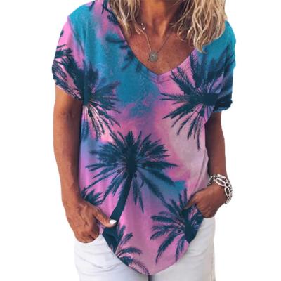 China QUICK DRY V neckline sexy tropical short sleeve ladies print tree T-shirt wholesale for sale