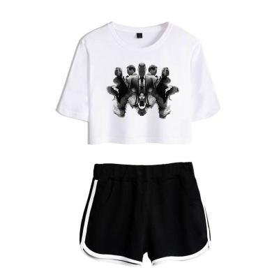 China Breathable Polyester Ladies Digital Printing Black And White Cropped Short Sleeve T-shirt Summer Two Piece Set for sale