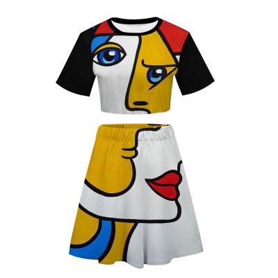 China Breathable ladies Digital two-piece printing new summer fashion sexy navel short sleeve short skirt suit for sale