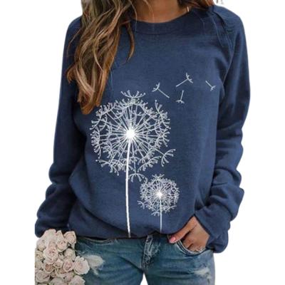 China European and American women's dandelion print graphic round neck loose long-sleeved QUICK DRY casual T-shirt for sale