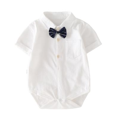 China Cool& manufacturer supply soft white bowknot 100% organic cotton woven baby rompers shirt for sale