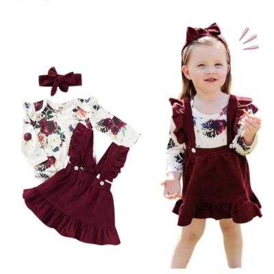 China Soft Newborn Babies Dress Pleated Floral Set Velvet Suspend Skirt Headband Baby Romper for sale