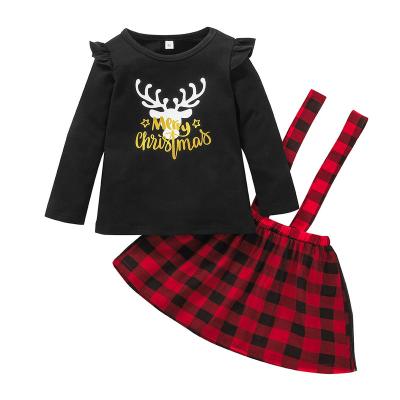 China Wholesale Soft Christmas Girl Baby Dresses Sets Elk Long Sleeves Suspender Skirt Girl Kids Dresses for sale