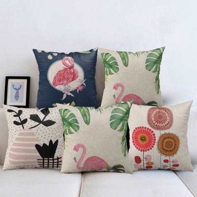 China Indoor Outdoor Square Car Sofa Living Room Cotton Pillow Cover Anti-Static Canvas Tropical Flamingo Pillow Crate for sale