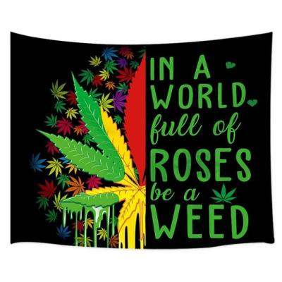 China Coastal Short Plush Polyester Cloth Fabric Tapestries Printed Marijuana Weed Leaf Wall Tapestry Red Yellow Green for sale