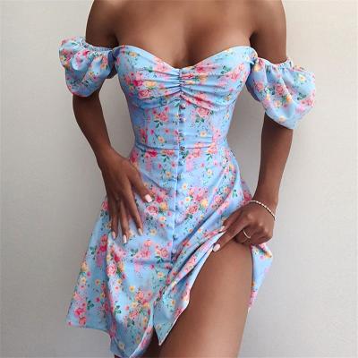 China Retro Mini French Summer Breathable High Split Casual Dress Women Dress Floral Casual Short Sleeve Wrap Dress for sale