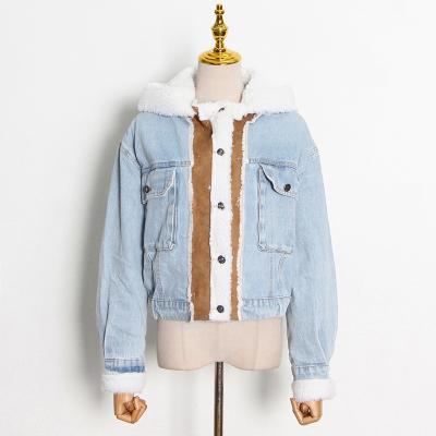 China Fashion Breathable Wholesale Denim Quilting Hooded Short Coat Trend Woolen Lamb Women Casual Jacket for sale