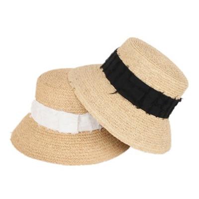 China Wholesale New Design Striped Fringed Ribbon Natural Raffia Straw Hat For Ladies for sale