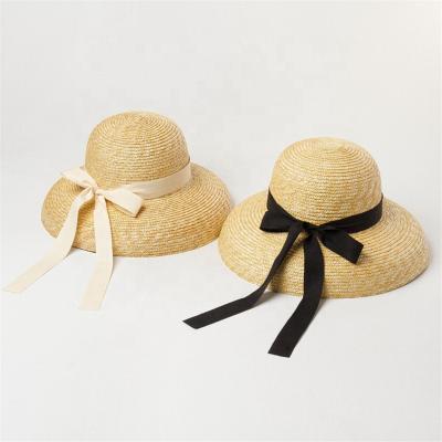 China Sombrero 2021 Little Girl Striped Custom Beach Wear Parasol Straw Hat With Ribbon Bow for sale