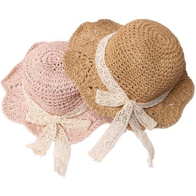 China New Design Straw Hat Folding Girl Beach Visitor Wear Striped Parasol Hat With Lace Ribbon Bow for sale