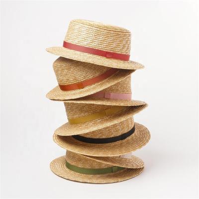 China Wholesale Kid Wear Summer Beach Striped Straw Boater Hat With Solid Color Belt for sale