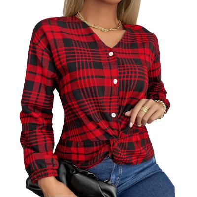 China Anti-Wrinkle Women Blouse V-Neck Check Lattice Plaid Shirts Long Sheath Casual Tops Clothes Christmas Ladies Blouses And Tops for sale