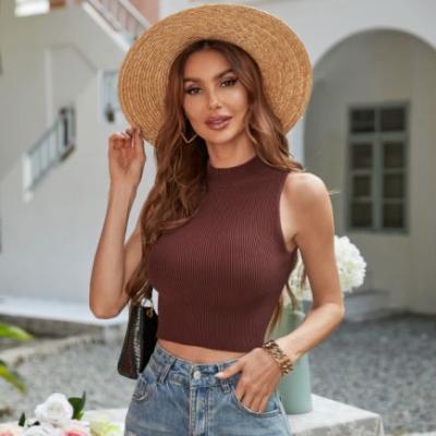 China Sale Spring Summer Lady Girl Clothing Crewneck Rib Crop Top Knit Women's Rib Crop Top Knit Women's Sleeveless Slim Fit T-Shirt for sale