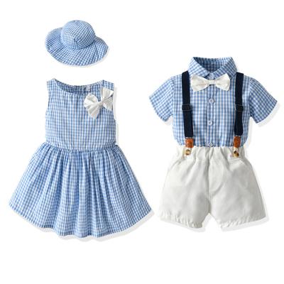 China High Quality Washable Plaid Cotton Toddler Boy Suits Clothing Bucket Hat Girl Dress For Summer Beach Vacation Casual Fashion for sale