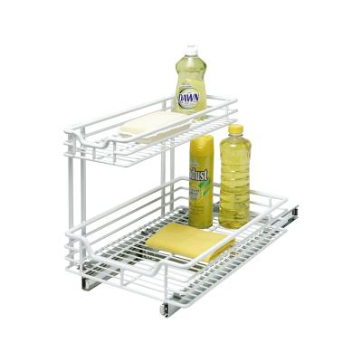 China Hot Selling Viable 2 Tier Stainless Steel Kitchen Bathroom Storage Shower Basket Rectangle Bathroom Rack Lift Basket for sale