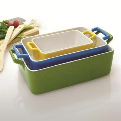 China Microwave sustainable safe printed outside deep cheap rectangular stoneware bakeware with handle for sale