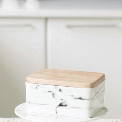 China Viable Hot Selling Porcelain Rectangular Marble Butter Dish With Wooden Lid for sale