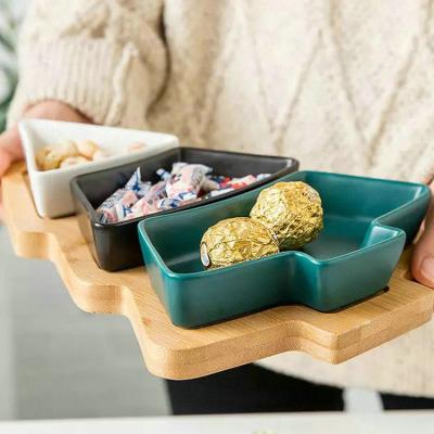 China Art Decor Bamboo Tray Cbeap Tree Shaped Party Appetizer Snack Ceramic Serving Dish for sale