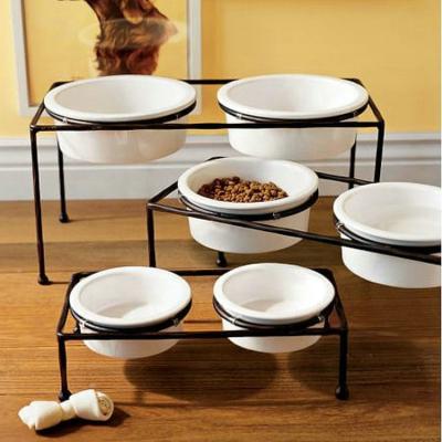 China Sustainable New Production Custom Logo White Ceramic Cat Food Bowl With Iron Stand for sale