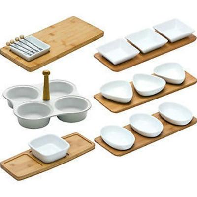 China Sustainable Wholesale White Tapas Snack Serving Ceramic Dish With Wooden Tray for sale