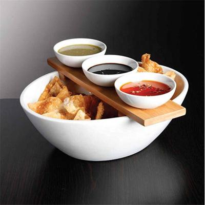 China Sustainable New Design Novelty Restaurant Used Chips And Ceramic Dip Bowl With 3 Sauce Dishes for sale