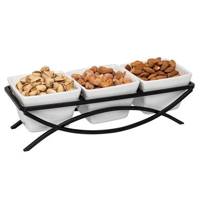 China Sustainable Taste Tray 3 Piece Serving Bowl Snack Nut Porcelain Set With Metal Rack for sale