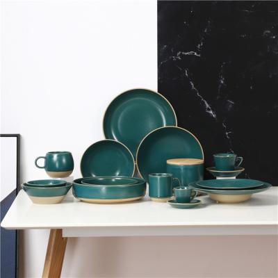 China Viable high quality custom matte logo green pottery restaurant serving kitceh dinner sets ceramic dinner set for sale for sale