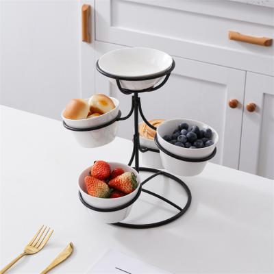 China Sustainable Wholesale European Style Ware Serveware Snack Fruit Bowl Set Serving Ceramic Bowls With Iron Stand for sale