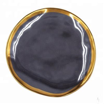 China Viable Special Design Irregular Bright Black Gold Rim Ceramic Dinner Dish for sale