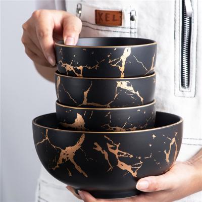 China 5.5 Inch Viable Wholesale Black Porcelain Rice Soup Marble Bowls With Gold Rim for sale