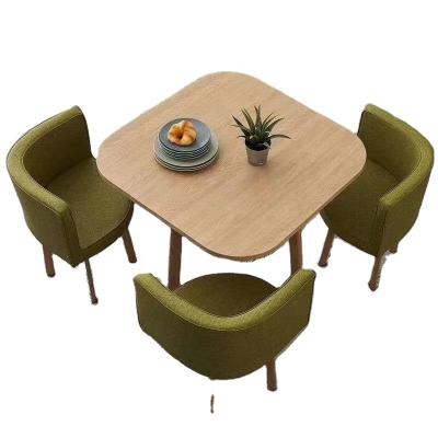 China Easy Installation Dining Room Furniture Low MOQ For Customization Price Modern Design Cheapest Metal Frame Cafe Table Chairs Wood Top Combination for sale