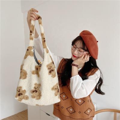 China Cute Women Lamb Like Bear Tote Bag Canvas Fluffy Fur Soft Fabric Shoulder Handbags Large Capacity Shopping Bag Cute Girls School Bag for sale