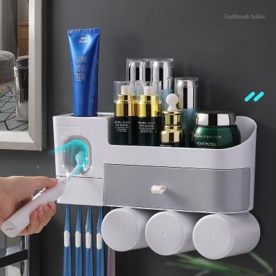 China Viable Wall Mount 2021 New Products Automatic Squeezing Bathroom Toothpaste Dispenser With Plastic Toothbrush Holder for sale