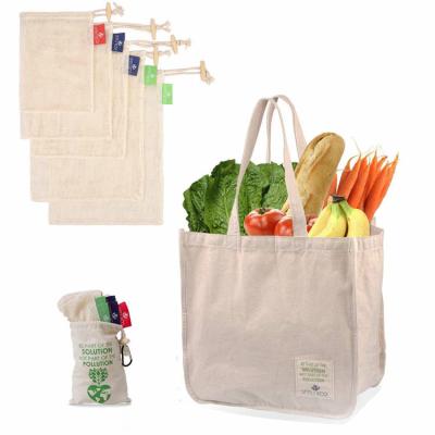 China Sturdy Reusable Shopping Handled Canvas Tote Bag For Groceries And Cotton Mesh Produce Bags Reusable With Drawstring For Fruits for sale