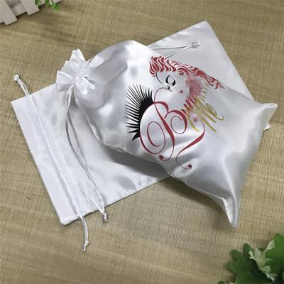 China Custom Made Luxury White Low MOQ Satin Silk Hair Extension Gift Bag For Packaging for sale