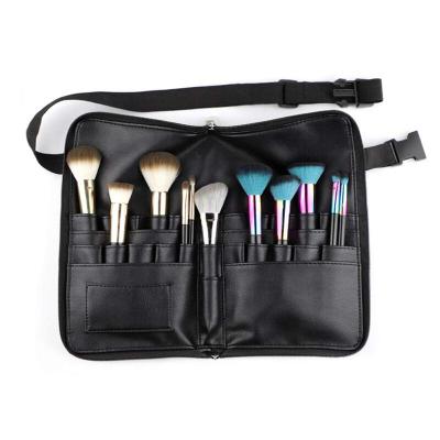 China Luxury Black Leather PU Roll Professional Artist Organizer Makeup Hair Brush Bag Holder With Belt for sale