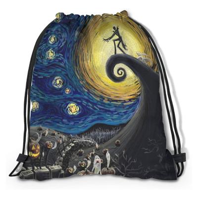 China Recycle Nightmare Before Christmas Drawstring Bag 3D Printing Backpack Gym Sport Casual Running Bag for sale