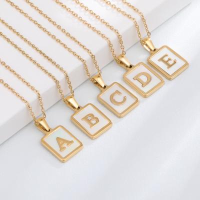 China Fashionable Wholesale Shell 26 Square Female Titanium Steel English Letter Necklace 316L 18K Pendant for sale