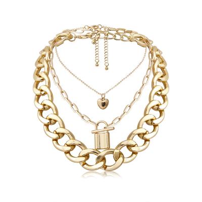 China Fashionable exquisite jewelry wholesale heart shape thick chain punk necklace OT buckle lock set multilayer necklace for sale