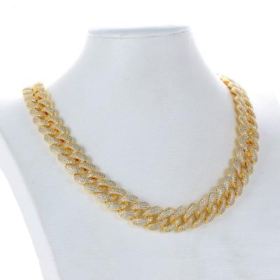 China Hot Selling Diamond Cuban Chain 14mm Style Hip Hop Fashion TRENDY Full Copper Plated 18K Gold Necklace for sale