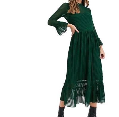 China 2022 Women's Pure Striped Summer and Autumn Casual Dresses Mesh Midi Dress Elegant Series Anti-Static Turtle Neck for sale