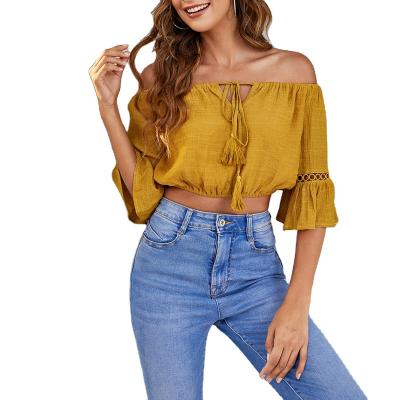 China 2022 hot sale women summer anti-pilling crop tops off the shoulder flare sleeves solid crop tops tops for casual for sale