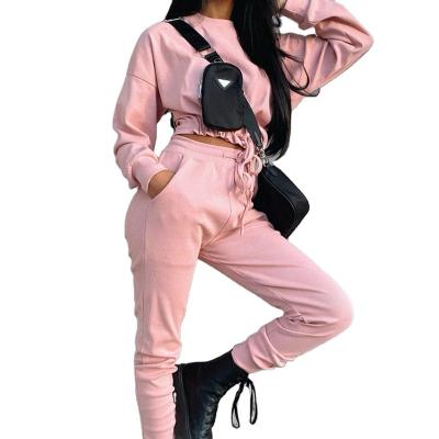 China Anti-pilling 2022 Hot Sale Autumn Women Set Solid Color Long Sleeve Crop Tops Drawstring With Pants Casual Women Set for sale