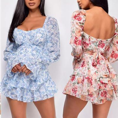 China Newest Design Anti-wrinkle Summer Fashion Floral Overalls With Lantern Sleeve Ruffle Backless Dress Sexy Women's Square Collar Mini Bohemian for sale