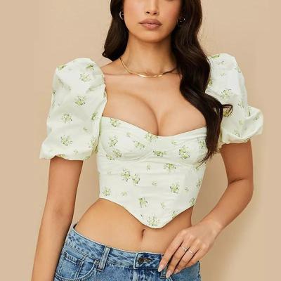 China Anti-pilling Summer Women White Print Square Neck T-shirt Puff Shorts Sheath Sexy Backless Slim Fit Crop Tops for sale