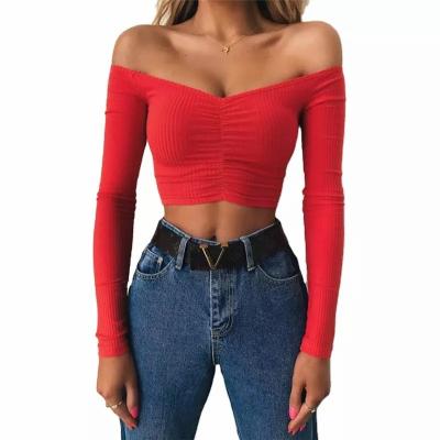 China Anti-pilling High Quality Slim Ribbed Solid Color Bandage T-Shirts Women Off The Shoulder Long Sleeve Backless Crop Top for sale